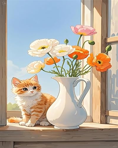 YarnAdventures Malen Nach Zahlen Kits für Erwachsene,Vase und Katze auf der Fensterbank,DIY Handgemalt Ölgemälde Set mit 3 Pinseln und Acrylfarbe zur Heimdekoration,16x20in ohne Rahmen von YarnAdventures