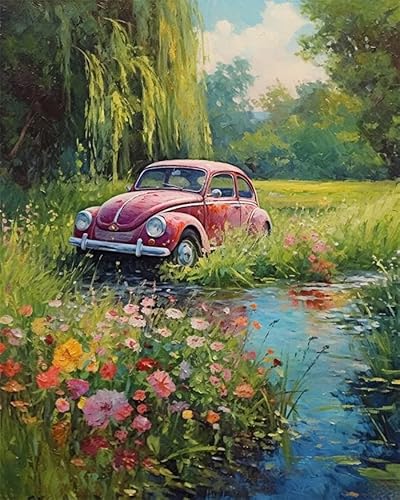 YarnAdventures Paint by Numbers for Beginner,Retro-Auto im Wald,Oil Painting by Numbers Kits,Paint Kits Canvas Gifts Arts Crafts for Home Decor,40x50cm ohne Rahmen von YarnAdventures