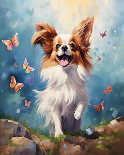 YarnAdventures Tier Haustier Hund DIY Malen nach Zahlen,Papillon Hund,Malen nach Zahlen für Erwachsene und Kinder,nach Zahlen Kits auf Leinwand Kunsthandwerk,16x20in von YarnAdventures