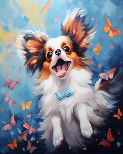 YarnAdventures Tier Haustier Hund DIY Öl Malen nach Zahlen Kits,Papillon Hund,Malen nach Zahlen für Erwachsene Malen nach Zahlen Kits auf Leinwand Kunsthandwerk für Zuhause,16x20in von YarnAdventures