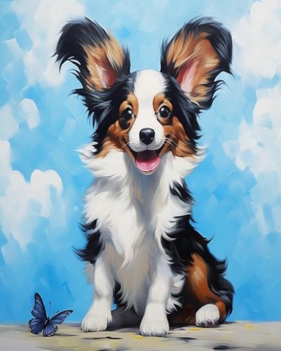 YarnAdventures Tier Haustier Hund Malen Nach Zahlen Kinder Anfänger,Papillon Hund,DIY Ölgemälde Leinwand Kit für Geschenke und Home Wand Dekor,40x50cm von YarnAdventures