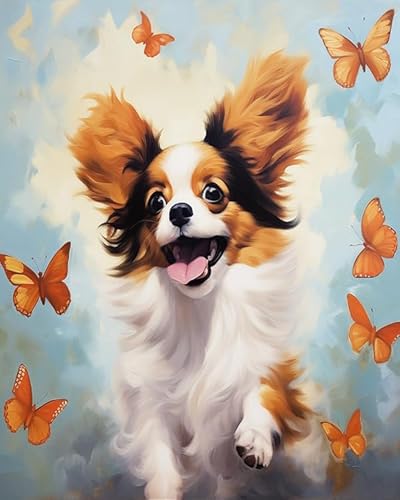 YarnAdventures Tier Haustier Hund Malen Nach Zahlen Kits für Erwachsene,Papillon Hund,DIY Handgemalt Ölgemälde Set mit 3 Pinseln und Acrylfarbe zur Heimdekoration,16x20in von YarnAdventures