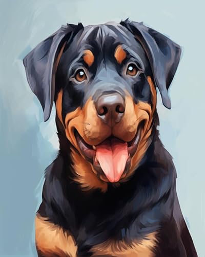 YarnAdventures Tier Haustier Hund Malen Nach Zahlen Kits für Erwachsene,Rottweiler Hund,DIY Handgemalt Ölgemälde Set mit 3 Pinseln und Acrylfarbe zur Heimdekoration,16x20in von YarnAdventures