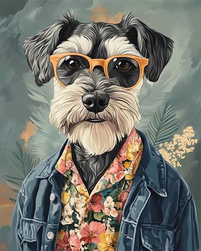 YarnAdventures Tier Hund DIY Malen nach Zahlen Erwachsene,Schnauzer trägt Kleidung,Malen nach Zahlen Kits auf Leinwand Kunsthandwerk Geschenk für Home Wall Deco,40x50cm ohne Rahmen von YarnAdventures