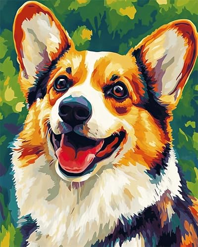 YarnAdventures Tier Hund DIY Öl Malen nach Zahlen Kits,Corgi,Malen nach Zahlen für Erwachsene Malen nach Zahlen Kits auf Leinwand Kunsthandwerk für Zuhause,16x20in ohne Rahmen von YarnAdventures