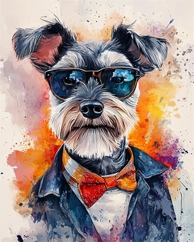 YarnAdventures Tier Hund Malen Nach Zahlen Anfänger,Schnauzer trägt Kleidung,Malen Nach Zahlen DIY Handgemalt Ölgemälde Leinwand Kits zur Heimdekoration,16x20in ohne Rahmen von YarnAdventures