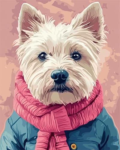 YarnAdventures Tier Hund Malen Nach Zahlen Erwachsene,West Highland White Terrier trägt Kleidung,Malen Nach Zahlen Kinder Anfänger,DIY Handgemalt Ölgemälde Leinwand für Home Décor,16x20in ohne Rahmen von YarnAdventures