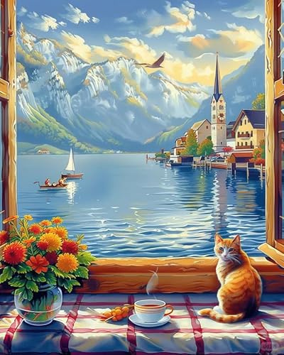 YarnAdventures Tierkatze Malen Nach Zahlen Erwachsene,Meerblick außerhalb der Fensterbank,Paint by Numbers DIY Acrylpigment ölgemäLde Kit für Art Home Decor,40x50cm Ohne Rahmen von YarnAdventures