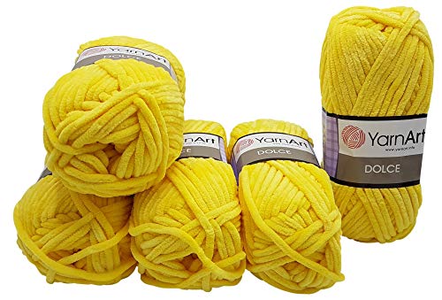 YarnArt Dolce 5 x 100 Gramm Strickwolle, Babywolle, 500 Gramm Wolle Super Bulky (gelb 761) von YarnArt Dolce