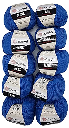 10 x 50g Strickwolle YarnArt Jeans einfarbig mit 55% Baumwolle, 500 Gramm Wolle uni (blau 16) von YarnArt