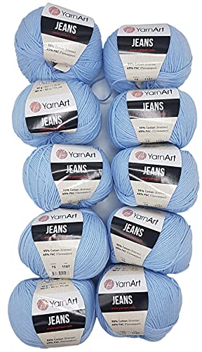 10 x 50g Strickwolle YarnArt Jeans einfarbig mit 55% Baumwolle, 500 Gramm Wolle uni (blau 75) von YarnArt