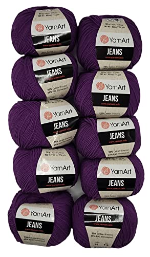 10 x 50g Strickwolle YarnArt Jeans einfarbig mit 55% Baumwolle, 500 Gramm Wolle uni (lila 50) von Yarn Art