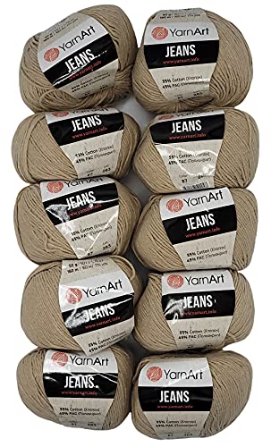 10 x 50g Strickwolle YarnArt Jeans einfarbig mit 55% Baumwolle, 500 Gramm Wolle uni (natur 87) von YarnArt