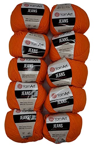 10 x 50g Strickwolle YarnArt Jeans einfarbig mit 55% Baumwolle, 500 Gramm Wolle uni (orange 77) von YarnArt