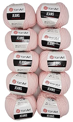 10 x 50g Strickwolle YarnArt Jeans einfarbig mit 55% Baumwolle, 500 Gramm Wolle uni (rosa 74) von YarnArt