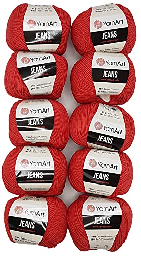 10 x 50g Strickwolle YarnArt Jeans einfarbig mit 55% Baumwolle, 500 Gramm Wolle uni (rot 26) von Yarn Art