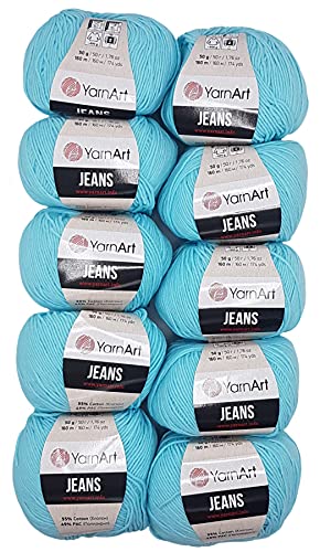 10 x 50g Strickwolle YarnArt Jeans einfarbig mit 55% Baumwolle, 500 Gramm Wolle uni (türkis 76) von Yarn Art