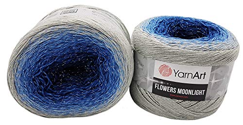 YarnArt Flowers 500 Gramm Bobbel Wolle mit Glitzer und Farbverlauf, 53% Baumwolle, Bobble Strickwolle Mehrfarbig (grau blau 3271) von Sattie