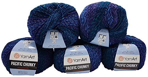 YarnArt Pacific Chunky 5 x 100 Gramm Strickwolle Mehrfarbig mit Farbverlauf, 500 Gramm Strickgarn mit 20% Wolle-Anteil (blau, lila 304) von YarnArt