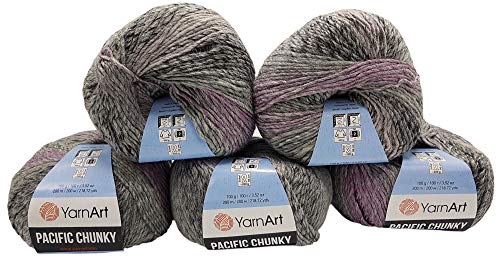 YarnArt Pacific Chunky 5 x 100 Gramm Strickwolle mehrfarbig mit Farbverlauf, 500 Gramm Strickgarn mit 20% Wolle-Anteil (grau, flieder 303) von YarnArt