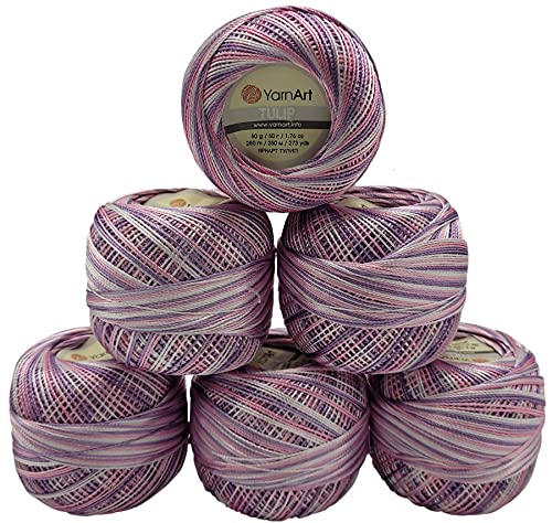 YarnArt Tulip 6 x 50 gr. Paket Seide Garn Mikrofaser, Satin Garn glänzend Farben auswählbar (flieder rosa weiss 458) von YarnArt