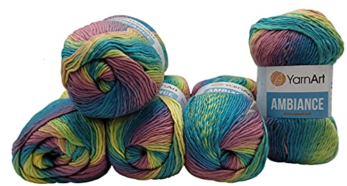 Yarnart 5 x 100 g Ambiance Strickwolle mehrfarbig mit Farbverlauf, 500 Gramm Strickgarn mit 20% Wolle-Anteil (türkis rosa grün gelb 162) von Yarnart