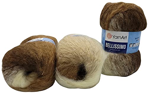 YarnArt 3 x 150 Gramm Bellissimo Strickwolle mit Mohair 450 Gramm Wolle mit Farbverlauf (braun beige creme 150g) 1402 von Yarnart