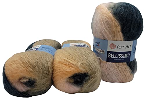 YarnArt 3 x 150 Gramm Bellissimo Strickwolle mit Mohair 450 Gramm Wolle mit Farbverlauf (schwarz beige apricot rosa 150g) 1416 von Yarnart