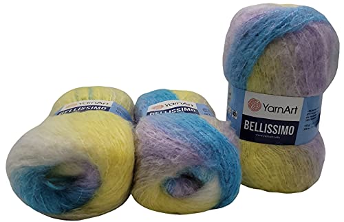 YarnArt Bellissimo 3 x 150 Gramm Mohair Wolle Farbverlauf, Strickwolle (blau rosa gelb weiß 150 g) 1422 von Yarn Art