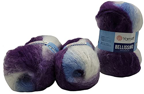 YarnArt Bellissimo 3 x 150 Gramm Strickwolle mit Mohair, 450g Wolle mit Farbverlauf (beere blau weiss 1419) von Yarn Art