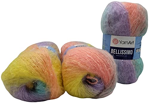 YarnArt Bellissimo 3 x 150 Gramm Strickwolle mit Mohair, 450g Wolle mit Farbverlauf (flieder mint apricot gelb 1413) von Yarnart