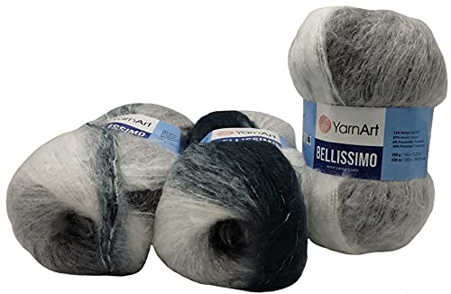 YarnArt Bellissimo 3 x 150 Gramm Strickwolle mit Mohair, 450g Wolle mit Farbverlauf (schwarz grau weiss 1401) von Yarnart