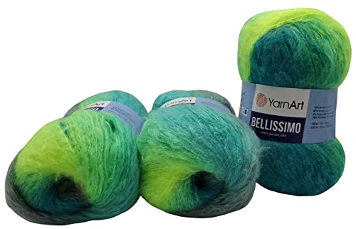 YarnArt Bellissimo 3 x 150 Gramm Strickwolle mit Mohair, 450g Wolle mit Farbverlauf (türkis kiwi grün 1412) von Yarnart