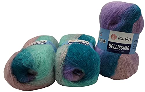 YarnArt Bellissimo 3 x 150 g Strickwolle mit Mohair Farbverlauf 450 Gramm Wolle mit Farbverlauf blau türkis rosa 1414 von Yarnart