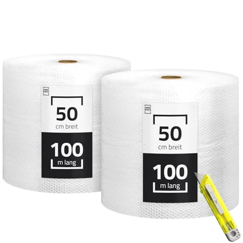 2 Rollen Luftpolsterfolie 50cm x 100m (100m2) Polsterfolie Blasenfolie Knallfolie - Stärke 50my - Verpackungsfolie Transparent von Yaro