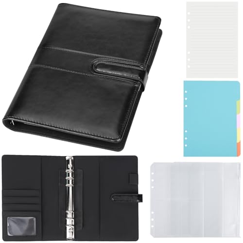 Yarotm A5 Ring Binder Notizbuch - A5 Liniert Ringbuch Nachfüllbar 80 Blatt - 6 Löcher A5 Leder Loseblatt Binder Notebook - 17.5x23cm Nachfüllbare Notizbuch Schwarz Perfekt für Reisetagebuch von Yarotm