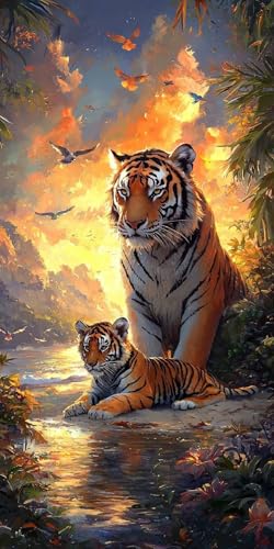 Diamond Painting Tiger Kinder Erwachsene Set, 5D DIY Diamant Painting Landschaft Bilder Full Set, Daiments Painting Bastelset Erwachsene Frauen, Dimond nach Zahlen Painting Set Dekor 50x100cm S-6 von Yarqzhng