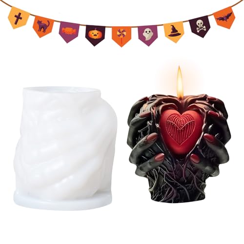 Kerzenform Silikon Halloween, 3D Hand Hält Herz Silikon Kerzenformen Silikonformen Gießform Halloween, Silikonform Halloween Gießformen Silikon Kerzenformen Zum Gießen für Seife Aromatherapie Kerzen von Yarteim