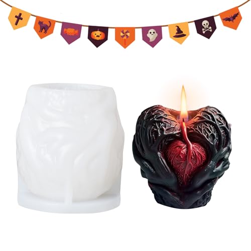 Kerzenform Silikon Halloween, 3D Hand Hält Herz Silikon Kerzenformen Silikonformen Gießform Halloween, Silikonform Halloween Gießformen Silikon Kerzenformen Zum Gießen für Seife Aromatherapie Kerzen von Yarteim