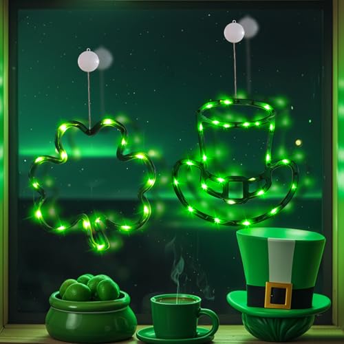 St. Patrick's Day Deko Led Fenster Licht,Lichterkette Hut Kleeblatt zum Aufhängen,Led Fensterbeleuchtung mit Saugnapf,Grün Kleeblatt Beleuchtet Fensterdeko Hängend mit Batterieantrieb für Fenster Deko von Yarteim