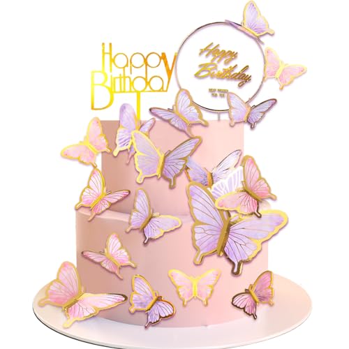 Yatinkim Schmetterling Dekorationen für Kuchen 22 Stück Schmetterlinge Kuchen Topper Alles Gute zum Geburtstag 3D Cupcake Toppers Rosa Lila Wanddekoration Party Baby Dusche von Yatinkim