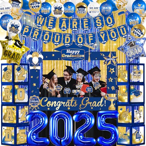 Blau Gold Graduation Dekorationen Klasse 2025 Abschlussfeier Dekorationen Abschluss Ballons Box Abschluss Banner mit Lichtern für Klasse 2025 Dekorationen Abschluss Party Supplies von Yavxzvbw