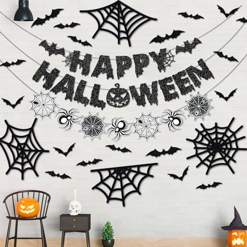 Happy Halloween Banner Halloween Spinne Girlande Halloween Spinne Dekorationen mit Halloween Wandtattoos für Halloween Party Dekorationen Halloween Spinnennetz Dekorationen Schwarz Glitzer von Yavxzvbw