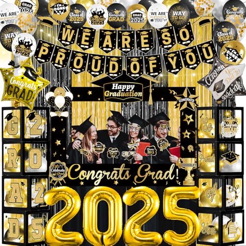 Schwarz Gold Graduation Party Dekorationen Abschluss Dekorationen Klasse 2025 Abschlussbanner Abschlussfeier Ballons Box mit Lichtern für Klasse 2025 Dekorationen Abschluss Party Supplies von Yavxzvbw