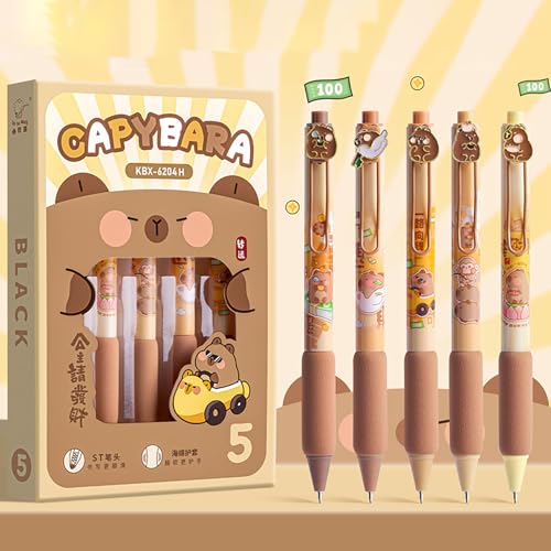 5 Stück Kawaii Capybara Pressing Gel Stifte Set Metall Cartoon Patch 0,5mm Schwarz Tinte Kugelschreiber Schule Schreibwaren Büro Zubehör von Yawdil