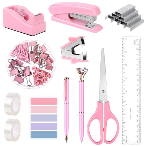 Bürobedarf-Set, Heftgerät und Klebebandabroller, Schreibtischzubehör mit Heftklammerentferner, Reißnägel, Ordner, Büroklammern, Lineal, Schere, Klebeband, Stift, Rosa, 12-teiliges Set von Yawdil