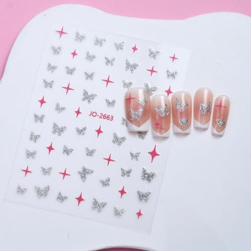 Yawdil Fine Sparkle Pentagram Love Butterfly Nail Art Aufkleber, selbst klebende Nagels pitzen Anleitungen für DIY Dekoration Schablonen Werkzeuge, Nagel Aufkleber von Yawdil