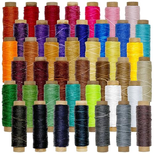 JMZLLRX 42 Farbe Leder Faden Set, 0.8mm Ledernähen Gewachster Faden, 150D Leder Wachsfaden, 1378 Yards Leder Nähgarn für Leder Craft DIY Buchbindere Schuh reparieren Leder Nähen von Yayatty