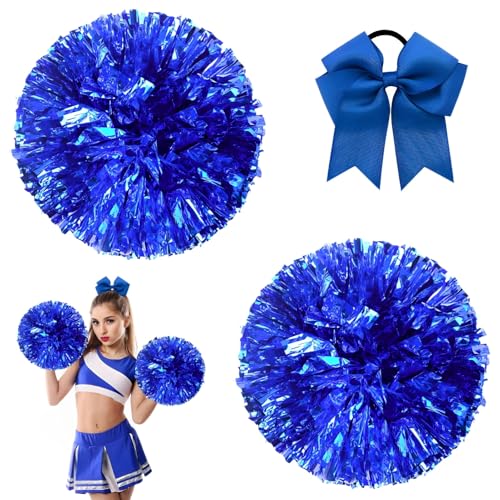 2 Stück Cheerleading Pompoms, Pompons Cheerleader Blau Rot, Cheerleader Pompons Handblumen mit Handle, Haargummi Schleife, für Erwachsene/Kinder, Tanzparty, Sportwettbewerb, Teamgeist (Blau) von Ycaaeo