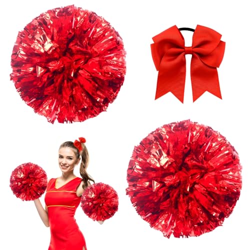 2 Stück Cheerleading Pompoms, Pompons Cheerleader Blau Rot, Cheerleader Pompons Handblumen mit Handle, Haargummi Schleife, für Erwachsene/Kinder, Tanzparty, Sportwettbewerb, Teamgeist (Rot) von Ycaaeo